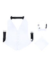 Load image into Gallery viewer, S.H. Churchill &amp; Co. Boy&#39;s 3 Piece White Backless Formal Vest Set - Includes Vest, Bow Tie, Pocket Square for Tuxedo or Suit
