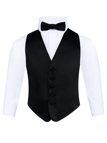 Boy's 3 Piece Black Backless Formal Vest Set - Includes Vest, Bow Tie, Pocket Square for Tuxedo or Suit