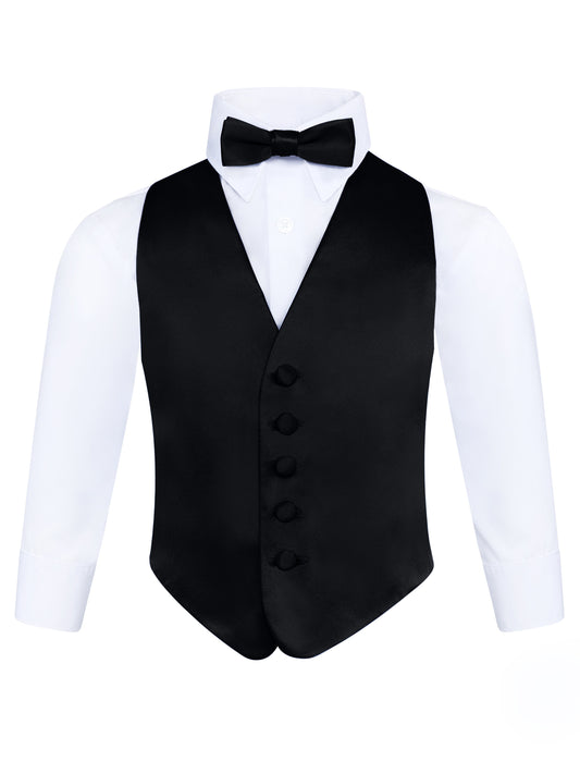 Boy's 3 Piece Black Backless Formal Vest Set - Includes Vest, Bow Tie, Pocket Square for Tuxedo or Suit