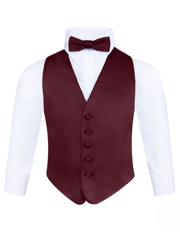 Boy's 3 Piece Burgundy Backless Formal Vest Set - Includes Vest, Bow Tie, Pocket Square for Tuxedo or Suit