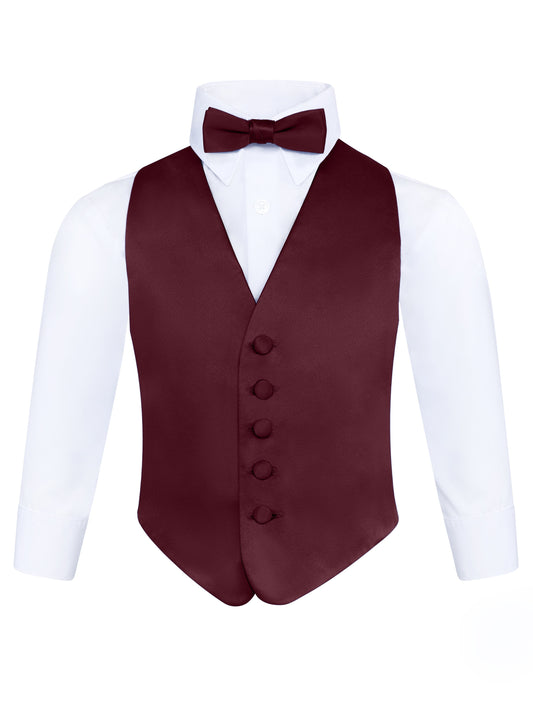Boy's 3 Piece Burgundy Backless Formal Vest Set - Includes Vest, Bow Tie, Pocket Square for Tuxedo or Suit