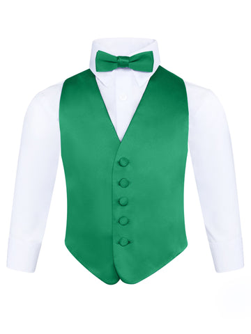 Boy's 3 Piece Kelly Green Backless Formal Vest Set - Includes Vest, Bow Tie, Pocket Square for Tuxedo or Suit