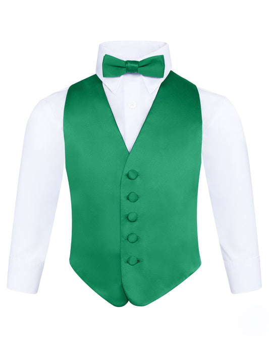 Boy's 3 Piece Kelly Green Backless Formal Vest Set - Includes Vest, Bow Tie, Pocket Square for Tuxedo or Suit