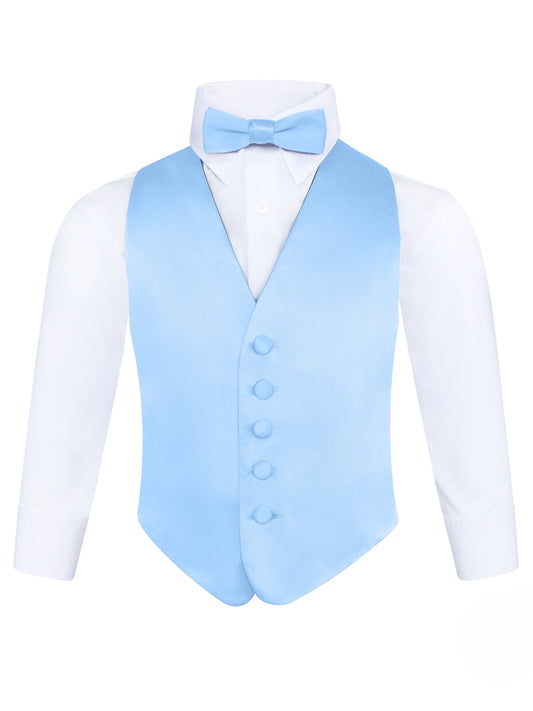 Boys Light Blue 3-Piece Backless Formal Vest Set with Bow Tie & Pocket Square