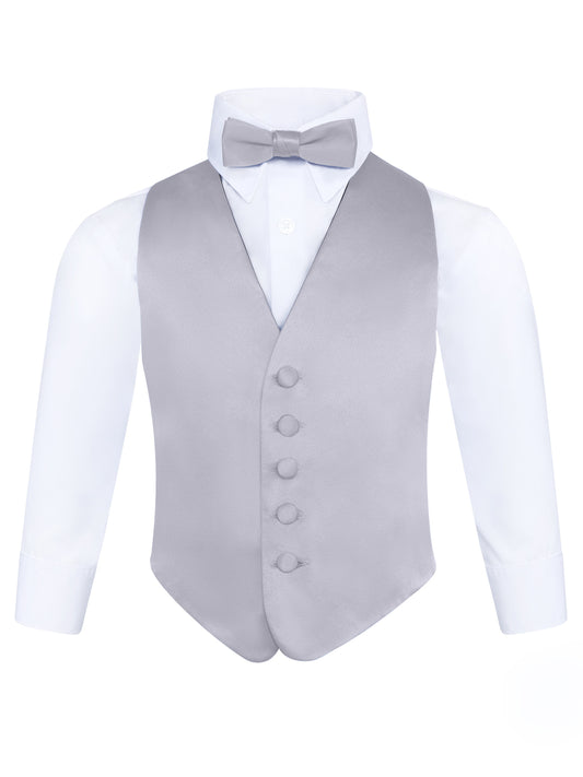 Boys Silver 3-Piece Backless Formal Vest Set with Bow Tie & Pocket Square