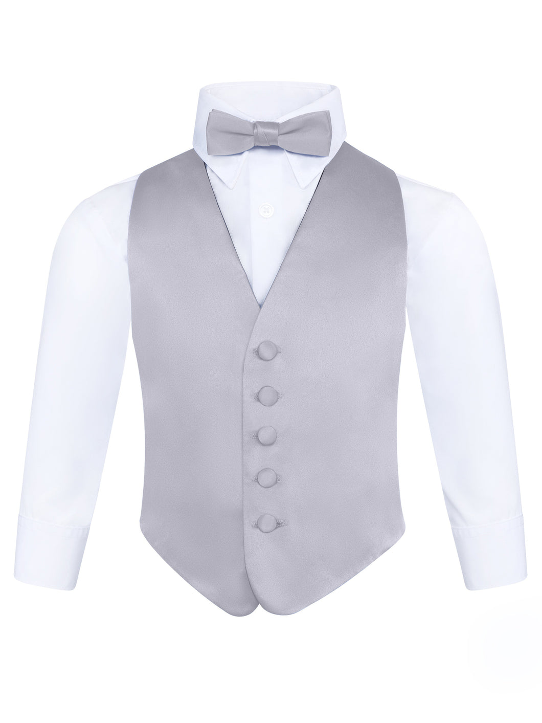 S.H. Churchill & Co. Boy's 3 Piece Silver Backless Formal Vest Set - Includes Vest, Bow Tie, Pocket Square for Tuxedo or Suit