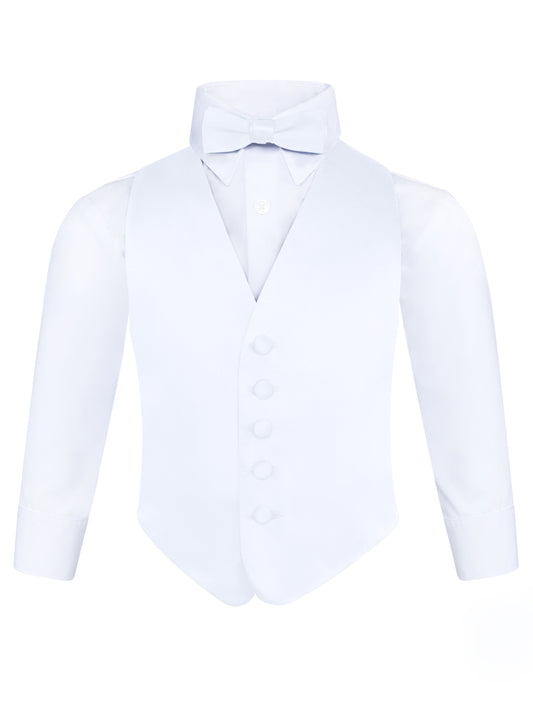 Boys White 3-Piece Backless Formal Vest Set with Bow Tie & Pocket Square