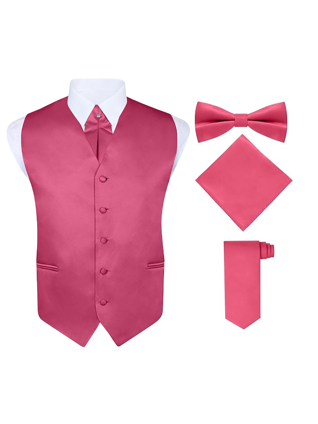 S.H. Churchill & Co. Men's 5 Piece Vest Set, with Cravat, Bow Tie, Neck Tie & Pocket Hanky-Hot Pink