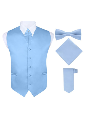Men's Light Blue 5 Piece Formal Vest Set, with Cravat, Bow Tie, Neck Tie & Pocket Hanky