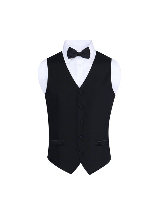 Wool Formal Black Vest and Tie Set - Includes Black Vest and Matching Black Satin Bow Tie
