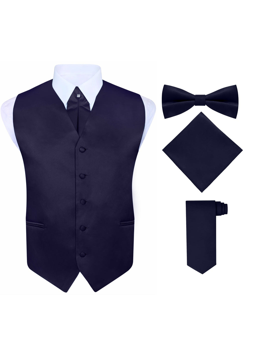 S.H. Churchill & Co. Men's 5 Piece Vest Set, with Cravat, Bow Tie, Neck Tie & Pocket Hanky-Navy Blue