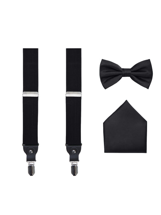 Men's 3 Piece Black Suspender Set - Includes Suspenders, Matching Bow Tie, Pocket Hanky and Gift Box