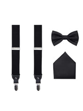 Load image into Gallery viewer, S.H. Churchill &amp; Co. Men&#39;s 3 Piece Black Suspender Set - Includes Suspenders, Matching Bow Tie, Pocket Hanky and Gift Box
