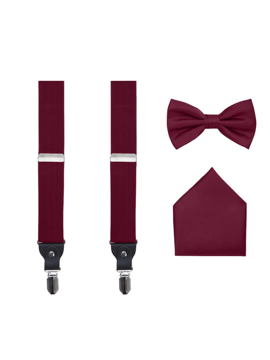 Men's 3 Piece Burgundy Suspender Set - Includes Suspenders, Matching Bow Tie, Pocket Hanky and Gift Box