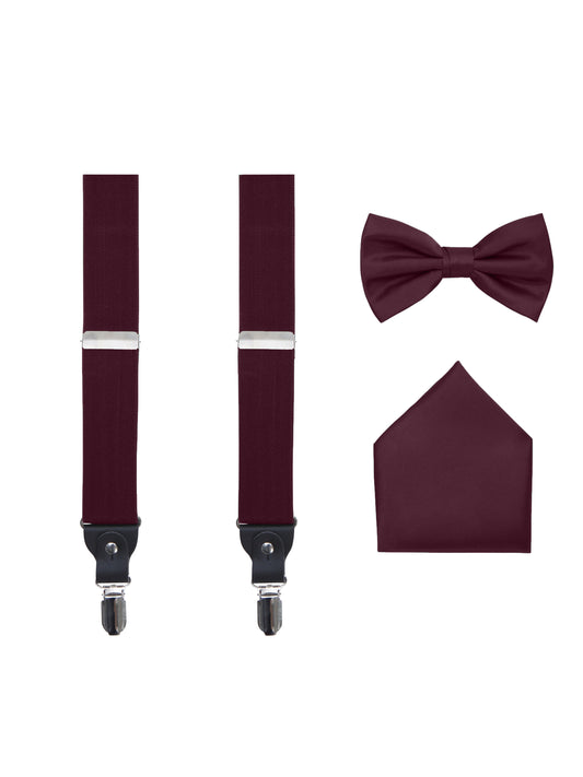 Men's 3 Piece Merlot Suspender Set - Includes Suspenders, Matching Bow Tie, Pocket Hanky and Gift Box