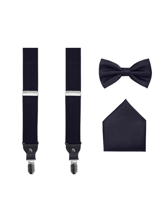 Men's 3 Piece Navy Suspender Set - Includes Suspenders, Matching Bow Tie, Pocket Hanky and Gift Box