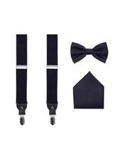 Load image into Gallery viewer, S.H. Churchill &amp; Co. Men&#39;s 3 Piece Navy Suspender Set - Includes Suspenders, Matching Bow Tie, Pocket Hanky and Gift Box
