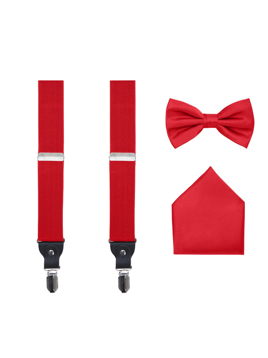 Men's 3 Piece Red Suspender Set - Includes Suspenders, Matching Bow Tie, Pocket Hanky and Gift Box