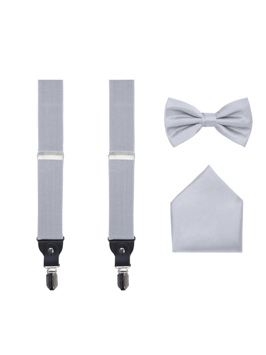 Men's 3 Piece Silver Suspender Set - Includes Suspenders, Matching Bow Tie, Pocket Hanky and Gift Box