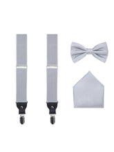 Load image into Gallery viewer, S.H. Churchill &amp; Co. Men&#39;s 3 Piece Silver Suspender Set - Includes Suspenders, Matching Bow Tie, Pocket Hanky and Gift Box
