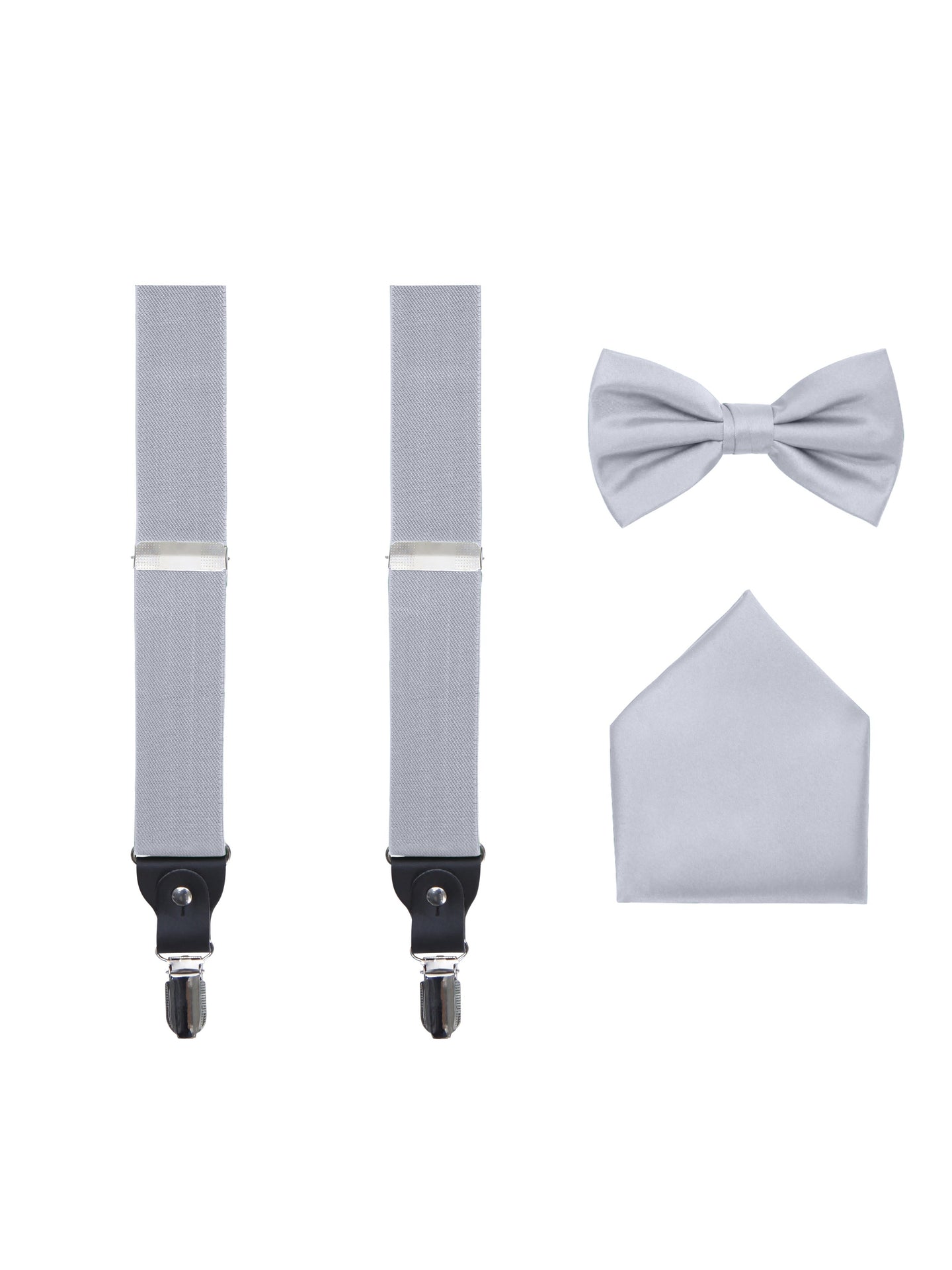 S.H. Churchill & Co. Men's 3 Piece Silver Suspender Set - Includes Suspenders, Matching Bow Tie, Pocket Hanky and Gift Box