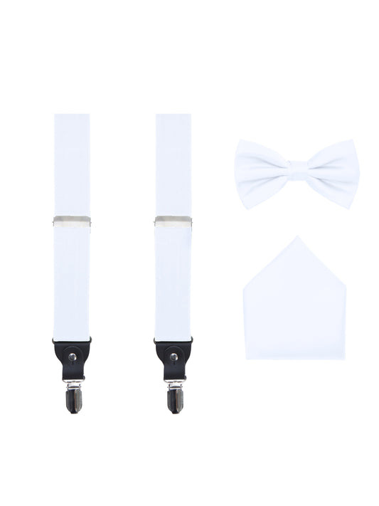 Men's 3 Piece White Suspender Set - Includes Suspenders, Matching Bow Tie, Pocket Hanky and Gift Box