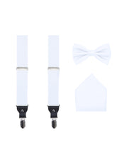Load image into Gallery viewer, S.H. Churchill &amp; Co. Men&#39;s 3 Piece White Suspender Set - Includes Suspenders, Matching Bow Tie, Pocket Hanky and Gift Box
