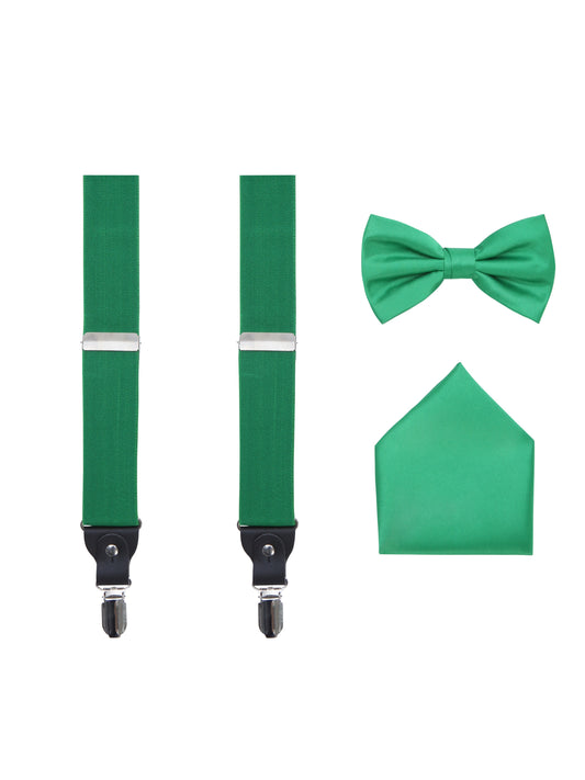 Men's 3 Piece Kelly Green Suspender Set, - Includes Suspenders Matching Bow Tie, Pocket Hanky and Gift Box
