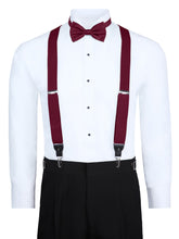 Load image into Gallery viewer, S.H. Churchill &amp; Co. Men&#39;s 3 Piece Burgundy Suspender Set - Includes Suspenders, Matching Bow Tie, Pocket Hanky and Gift Box
