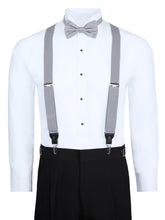 Load image into Gallery viewer, S.H. Churchill &amp; Co. Men&#39;s 3 Piece Silver Suspender Set - Includes Suspenders, Matching Bow Tie, Pocket Hanky and Gift Box
