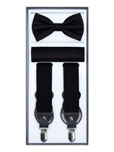 Load image into Gallery viewer, S.H. Churchill &amp; Co. Men&#39;s 3 Piece Black Suspender Set - Includes Suspenders, Matching Bow Tie, Pocket Hanky and Gift Box
