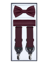 Load image into Gallery viewer, S.H. Churchill &amp; Co. Men&#39;s 3 Piece Merlot Suspender Set - Includes Suspenders, Matching Bow Tie, Pocket Hanky and Gift Box
