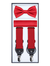 Load image into Gallery viewer, S.H. Churchill &amp; Co. Men&#39;s 3 Piece Red Suspender Set - Includes Suspenders, Matching Bow Tie, Pocket Hanky and Gift Box
