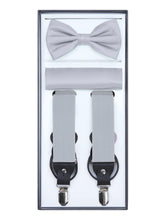 Load image into Gallery viewer, S.H. Churchill &amp; Co. Men&#39;s 3 Piece Silver Suspender Set - Includes Suspenders, Matching Bow Tie, Pocket Hanky and Gift Box
