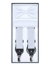 Load image into Gallery viewer, S.H. Churchill &amp; Co. Men&#39;s 3 Piece White Suspender Set - Includes Suspenders, Matching Bow Tie, Pocket Hanky and Gift Box
