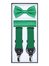 Load image into Gallery viewer, S.H. Churchill &amp; Co. Men&#39;s 3 Piece Kelly Green Suspender Set, - Includes Suspenders Matching Bow Tie, Pocket Hanky and Gift Box
