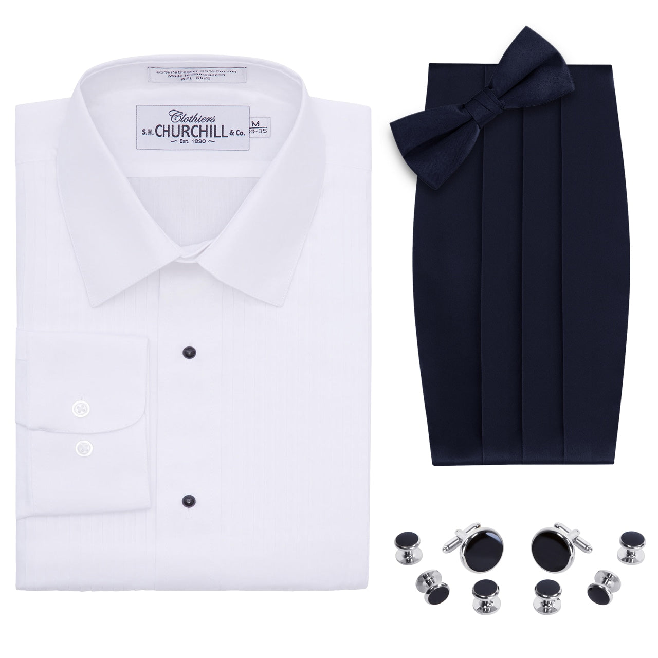 Laydown Collar Tuxedo Shirt, Cummerbund, Bow Tie, Cufflink & Studs Set