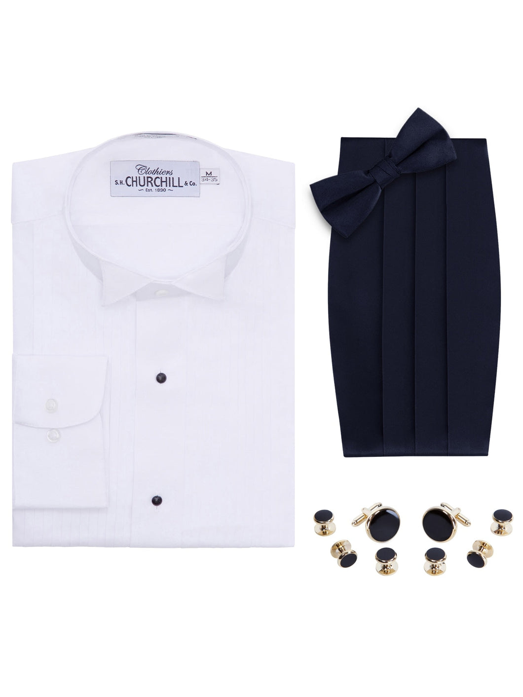 Wing Collar Tuxedo Shirt, Cummerbund, Bow Tie, Cufflink & Studs Set