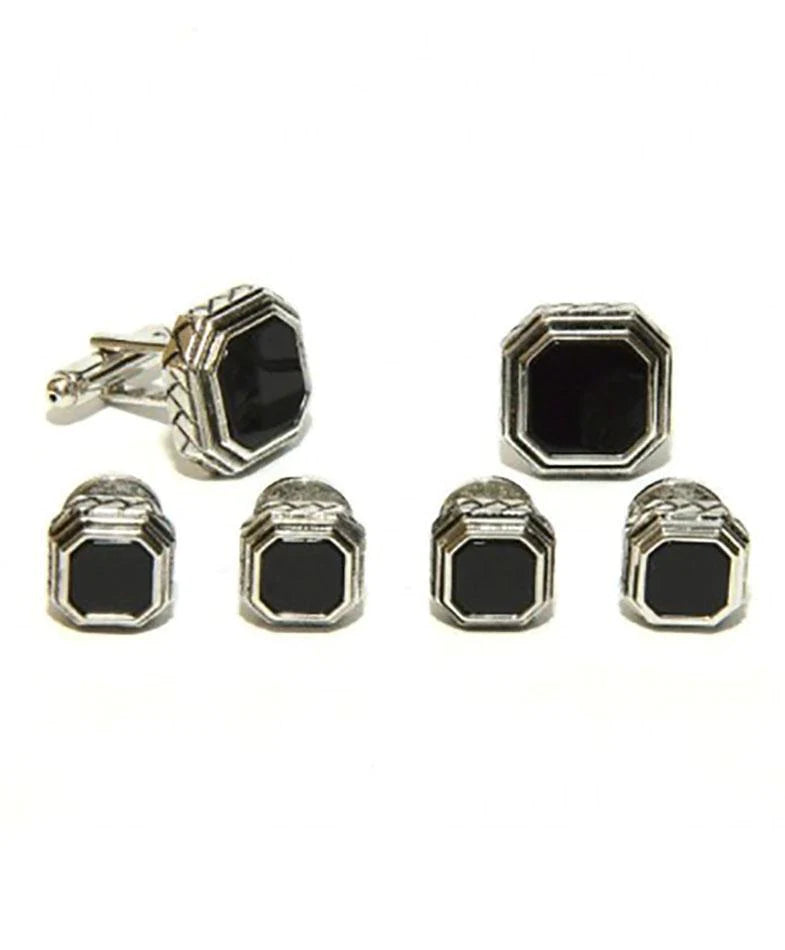 Black Octagon Onyx with Antique Silver Edge Studs and Cufflinks Set