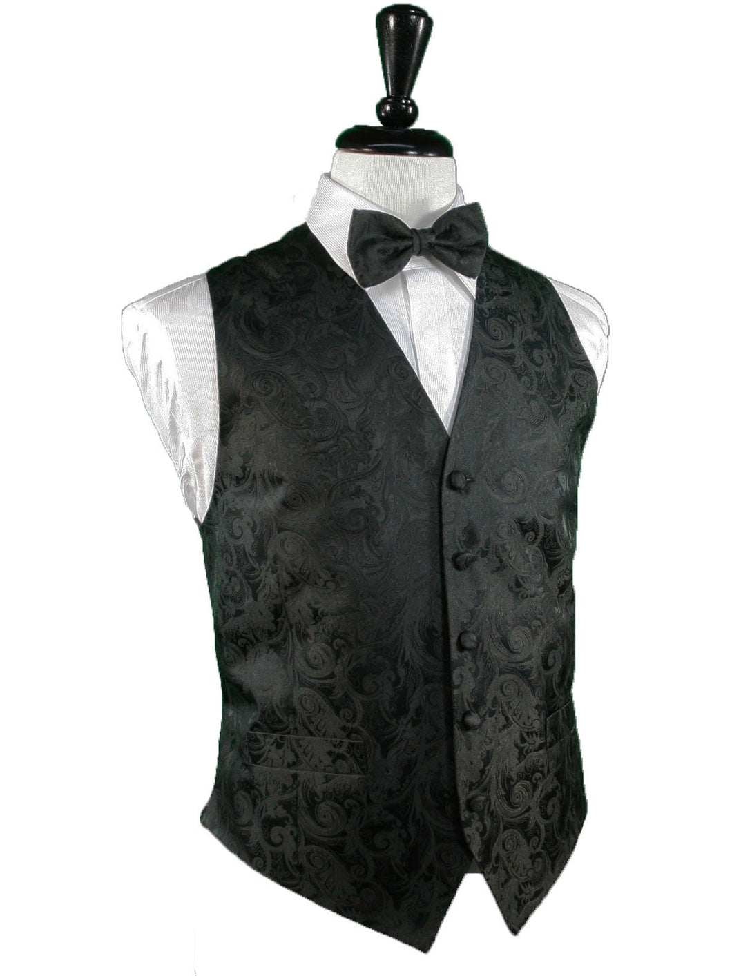 Tapestry Pattern Silk Tuxedo Vest (Black) - 100% Silk and Tie Set