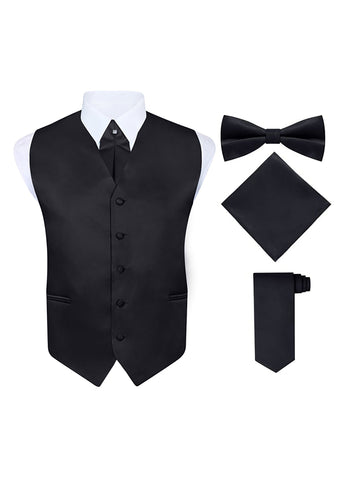 Men's 5 Piece Vest Set, with Cravat, Bow Tie, Neck Tie & Pocket Hanky-Black