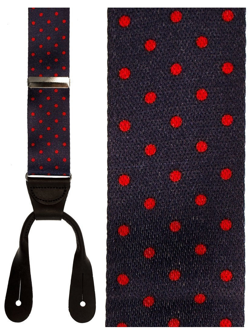 Manhattan" Navy & Red Dots Silk Suspenders – Fine Tuxedos