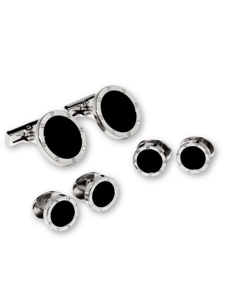 Black Onyx in Silver Screwhead Design Setting Studs & Cufflinks Set