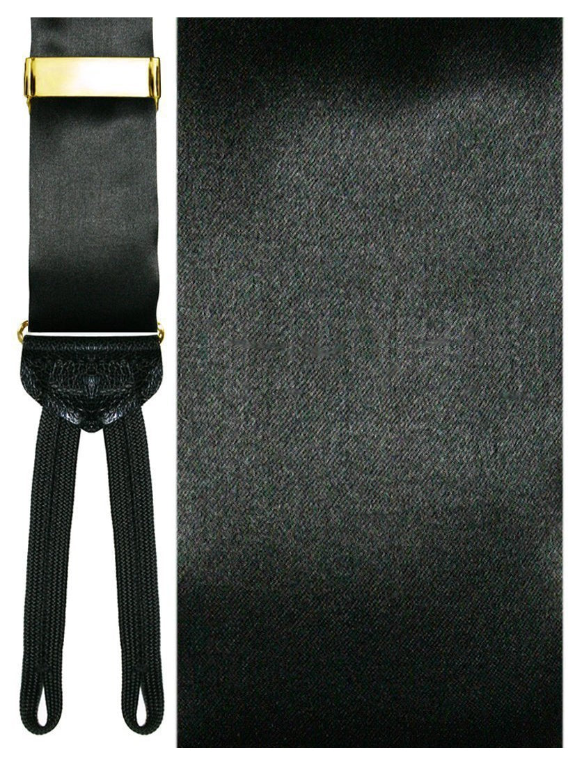 Solid Black Silk 100% Silk Formal Suspenders (Black) with Gold Clinch