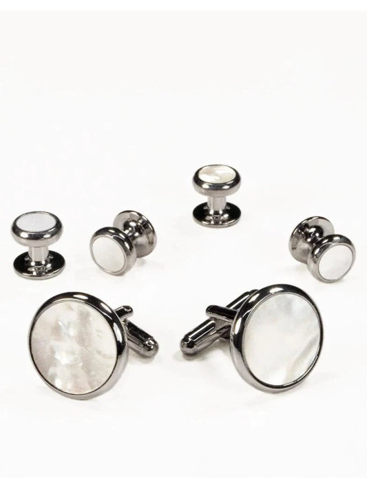 White Mother of Pearl in Gold Cufflinks & Studs with Silver Trim