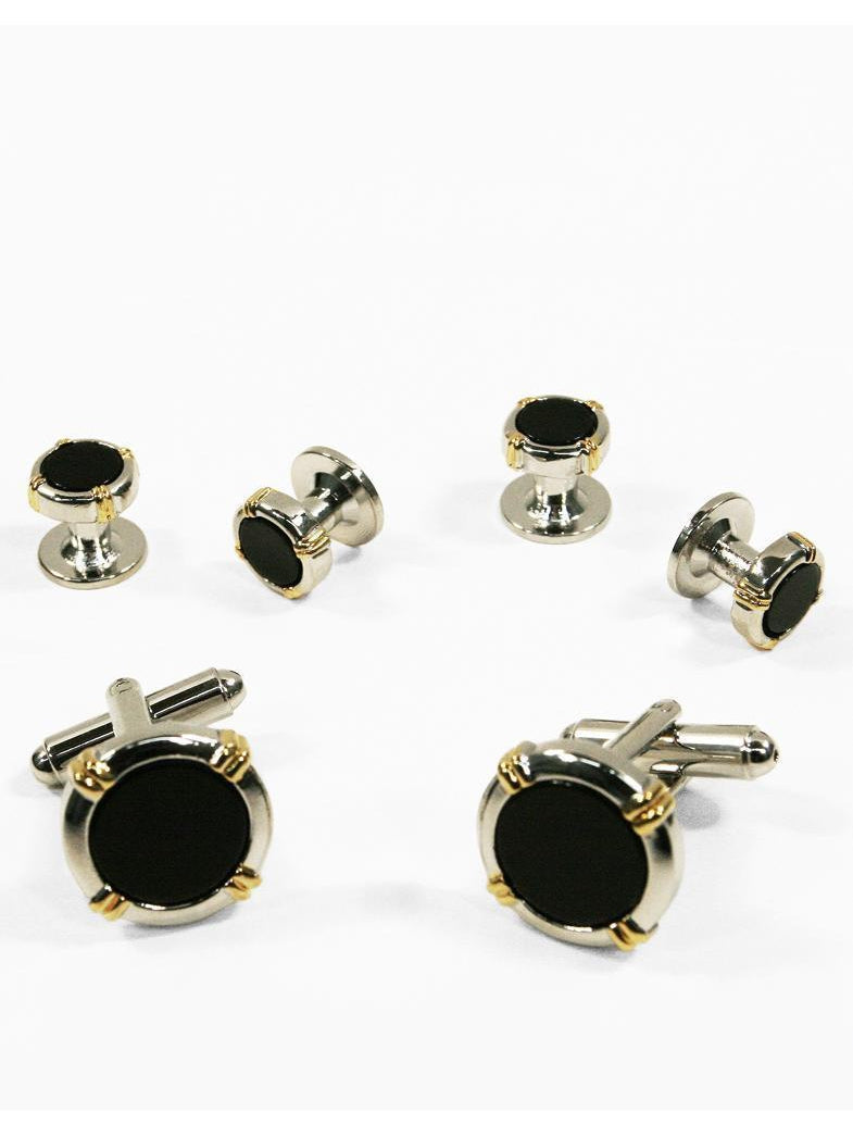 Black Circular Onyx with Silver Trim and Gold Wrapped Cufflinks and Studs Set