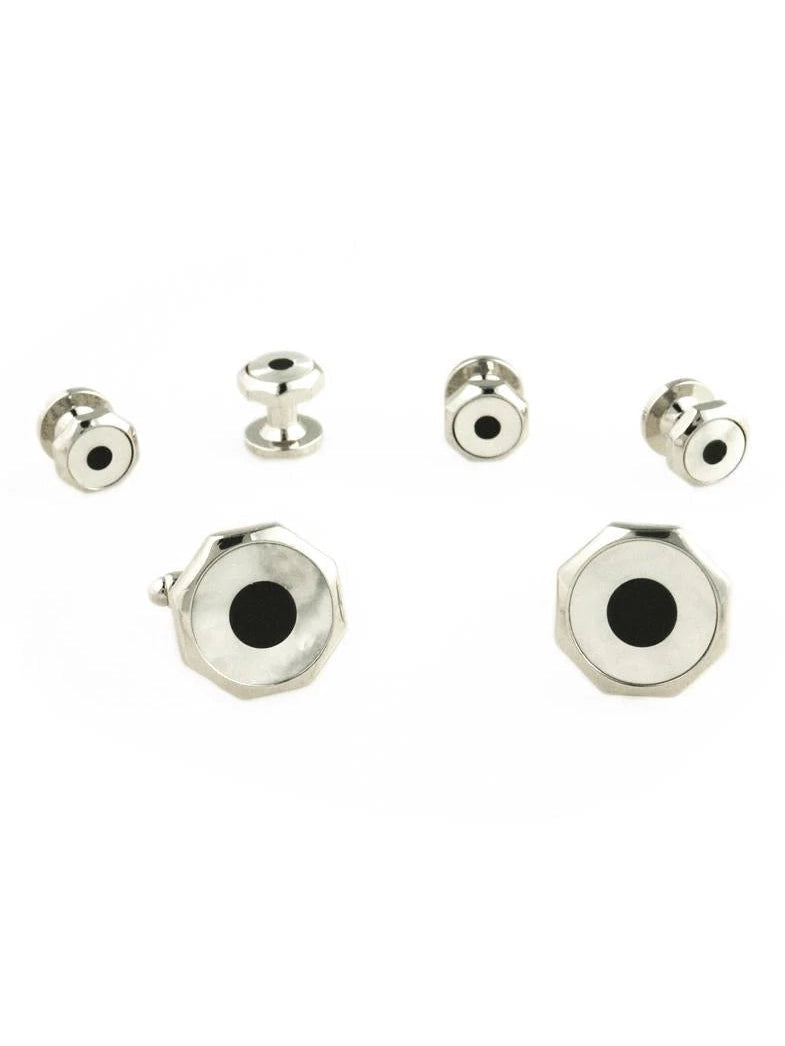 Onyx and Mother of Pearl with Silver Octagon Edge Studs and Cufflinks Set