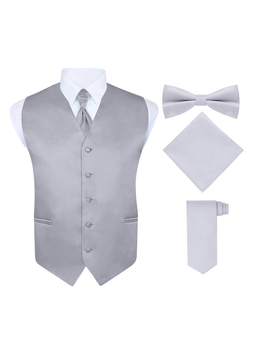 Men’s Silver 5-Piece Formal Tuxedo Vest Set with Sharpei, Tie, Bow Tie & Pocket Square