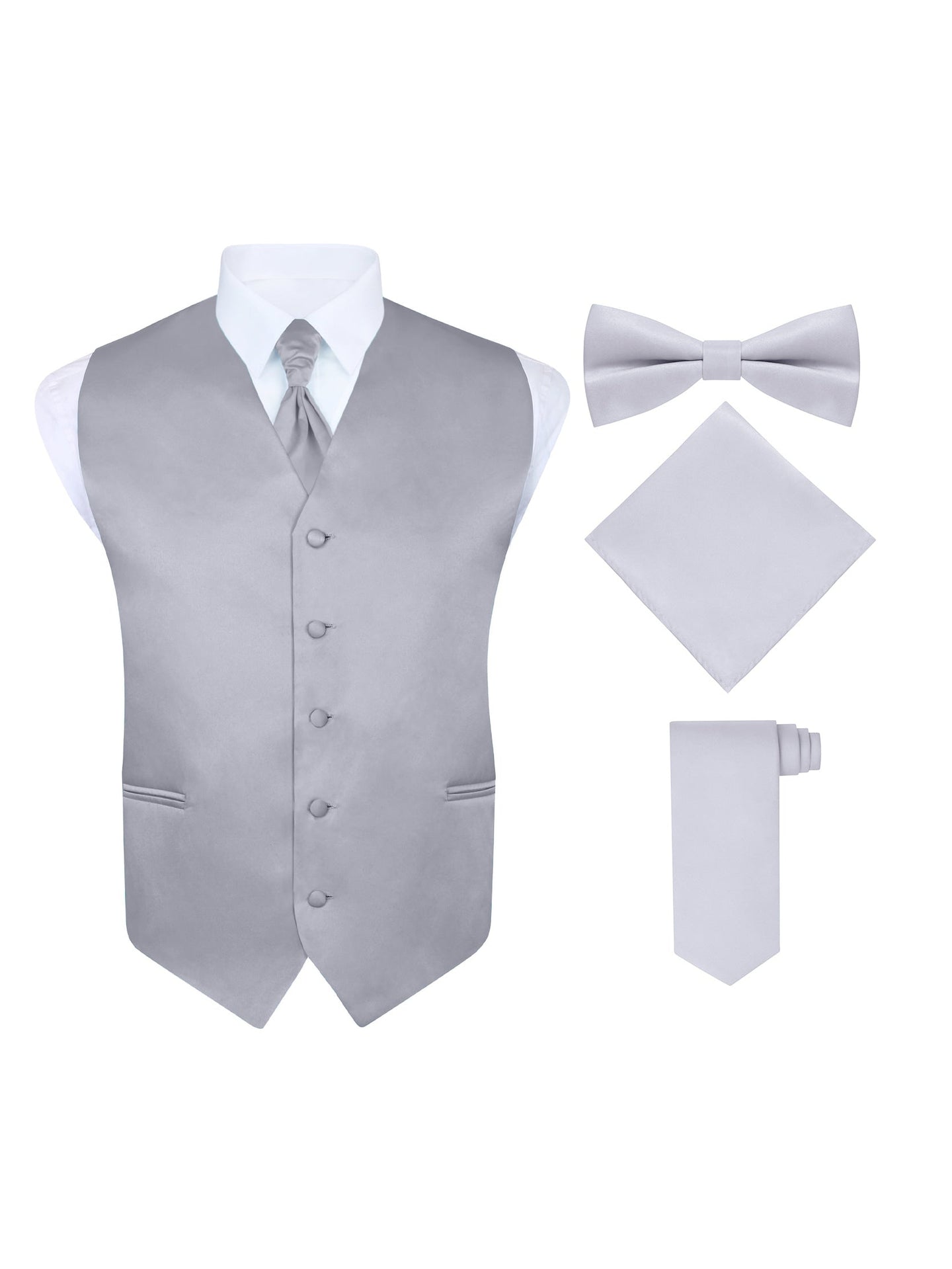 S.H. Churchill & Co. Men's 5 Piece Vest Set, with Sharpei, Bow Tie, Neck Tie & Pocket Hanky-Silver