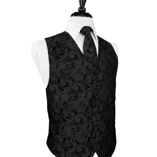 Black Satin Tapestry Full Back Tuxedo Vest by Cristoforo Cardi